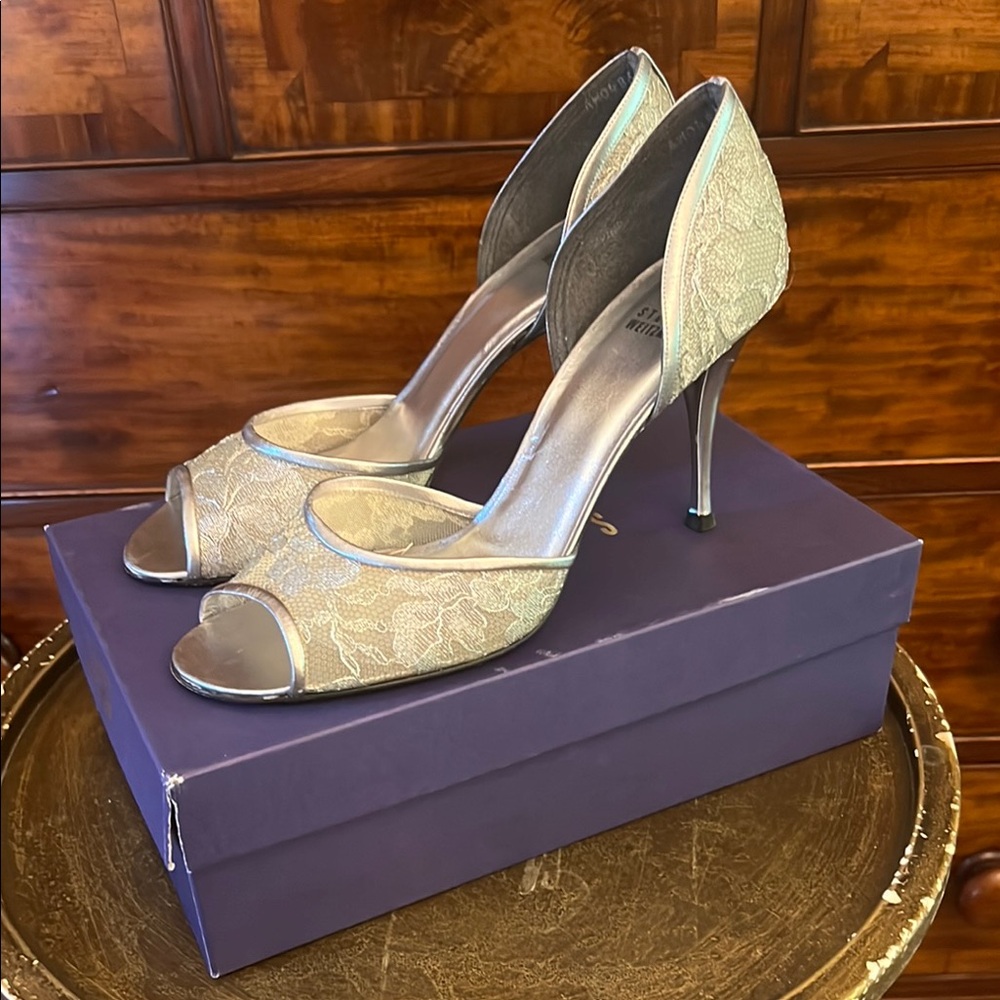 Stuart Weitzman Champagne Lace D'Orsay Peep-Toe Pumps